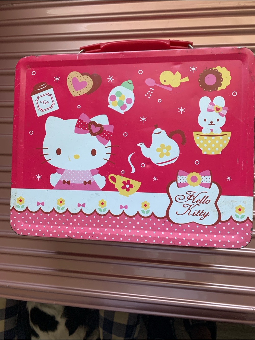 Vintage 80s Hello Kitty Pink Metal Tin Lunch Case with Tea Party Graphics